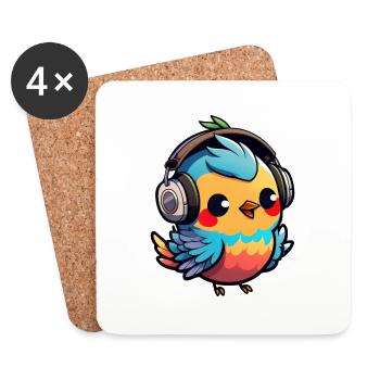 Kawaii Mignon Happy Colorful Bird avec des écouteurs - Dessous de verre (lot de 4) - blanc - Devant