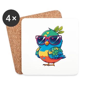 Kawaii Mignon Happy Colorful Bird avec des lunettes de soleil - Dessous de verre (lot de 4) - blanc - Devant