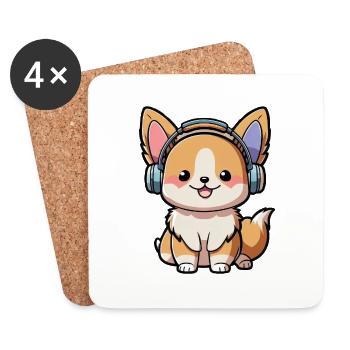 Kawaii Cute Happy Colorful Dog avec des écouteurs - Dessous de verre (lot de 4) - blanc - Devant