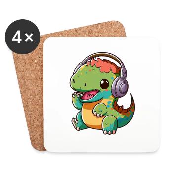 Kawaii Cute Happy Colorful Dino avec des écouteurs - Dessous de verre (lot de 4) - blanc - Devant