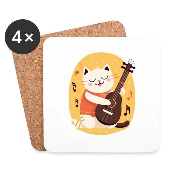 Chat mignon avec guitare - Dessous de verre (lot de 4) - blanc - Devant