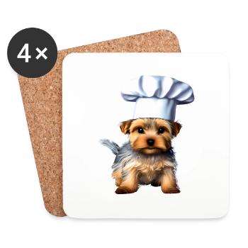 Restaurateur, Chiot chien, Chien cuisinier, Yorkshire Terrier - Dessous de verre (lot de 4) - blanc - Devant