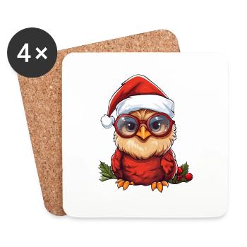 Chouette de Noël plumes rouges - Dessous de verre (lot de 4) - blanc - Devant