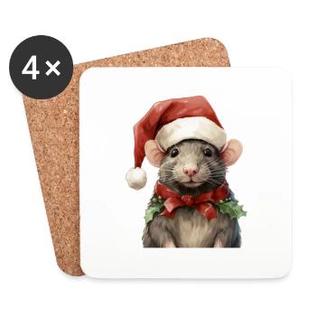 Ratte mit Weihnachtsmütze, T-Shirt, Tasse - Untersetzer (4er-Set) - Weiß - Vorne
