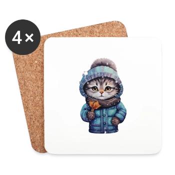 Chat avec veste et chapeau dans la neige - Dessous de verre (lot de 4) - blanc - Devant