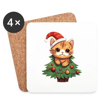 Chat de Noël - Chat mignon dans le sapin de Noël - Dessous de verre (lot de 4) - blanc - Devant