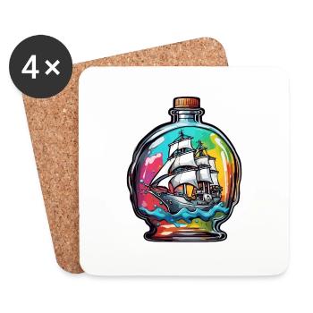 Flaschenschiff / Flaschenpost / Ahoi / Anker - Untersetzer (4er-Set) - Weiß - Vorne