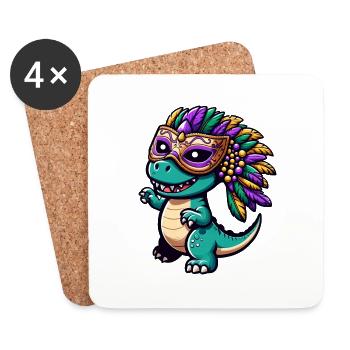 Mardi Gras T-Rex Dino: Mask and Beads - Coasters (set of 4) - white - Front