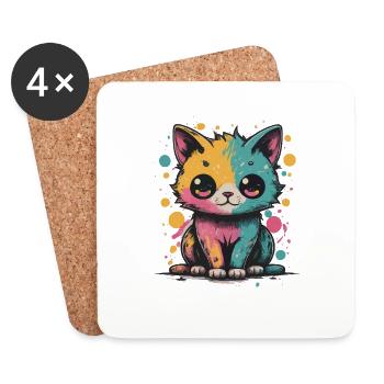 Chat Kawaii coloré - Dessous de verre (lot de 4) - blanc - Devant