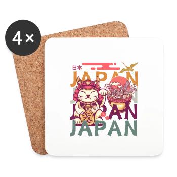 Shogun-Katze, winkende Pfote, Ramen und Kranich - Untersetzer (4er-Set) - Weiß - Vorne