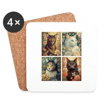 Chats dans le style d'Alphonse Mucha - Dessous de verre (lot de 4) - blanc - Devant