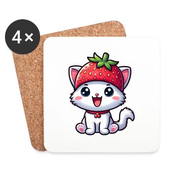 Chat fantaisiste avec fraise et chapeau aux fruits sucrés - Dessous de verre (lot de 4) - blanc - Devant
