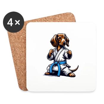 Karaté Teckel avec ceinture bleue - Dessous de verre (lot de 4) - blanc - Devant