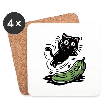 Chat effrayé et concombre - Dessous de verre (lot de 4) - blanc - Devant