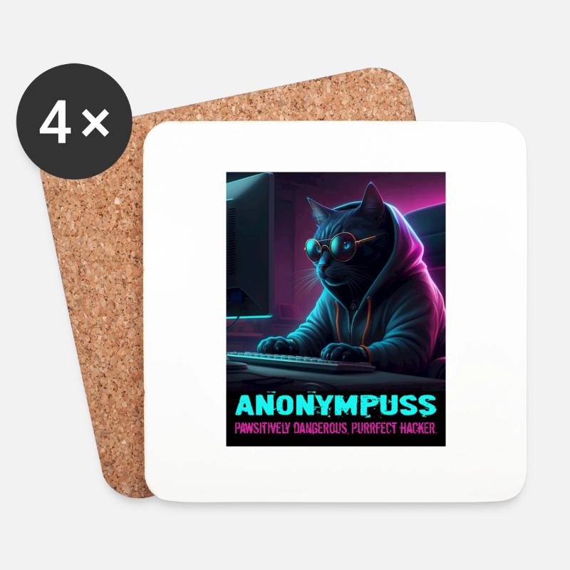 Anonympuss Cat Hacker Lustiges Bild Katze Meme - Untersetzer (4er-Set) - Weiß
