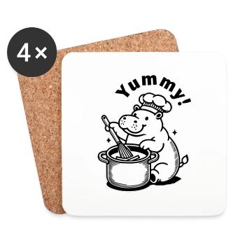Hippopotame mignon préparant un repas - « Miam ! » Concevoir - Dessous de verre (lot de 4) - blanc - Devant