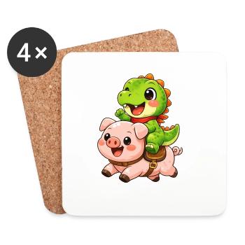 Kleiner Dino reitet Schwein - Untersetzer (4er-Set) - Weiß - Vorne