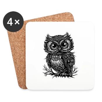 Big eyes forest owl on a branch - Coasters (set of 4) - white - Front