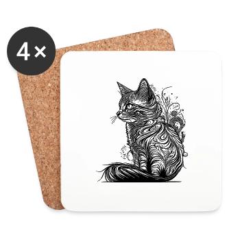 Tattoo Linien Katze im Wilden Natur Style - Untersetzer (4er-Set) - Weiß - Vorne