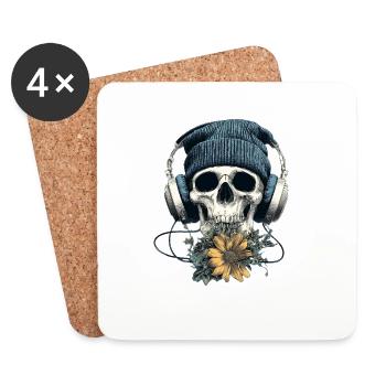 Crâne avec casque et fleurs - Dessous de verre (lot de 4) - blanc - Devant