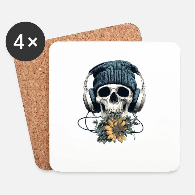 Schädel mit Kopfhörer und Blumen - Untersetzer (4er-Set) - Weiß