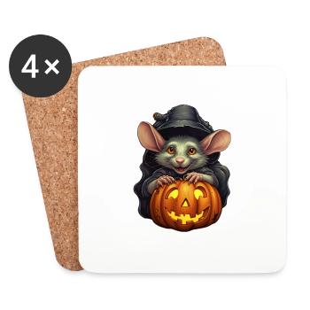 Halloween Ratte mit Hexenhut und Kürbis - Untersetzer (4er-Set) - Weiß - Vorne