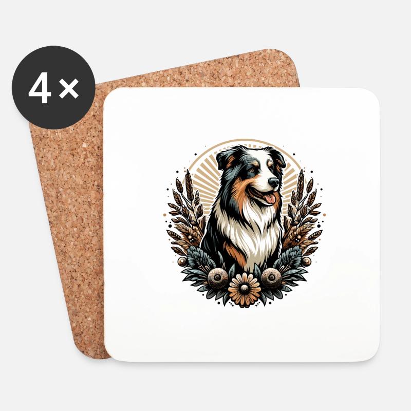 Australian Shepherd Cottage Core Blumen black tri - Untersetzer (4er-Set) - Weiß