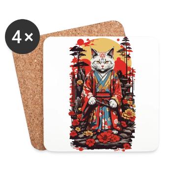 Kimono portant chat Shogun esthétique Japon Design - Dessous de verre (lot de 4) - blanc - Devant