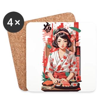 Kawaii Sushi Anime Girl Style Ukiyo-E rétro - Dessous de verre (lot de 4) - blanc - Devant