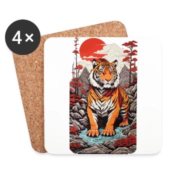Asiatischer Tiger Ukiyo-e Japan Kunst Stil - Untersetzer (4er-Set) - Weiß - Vorne