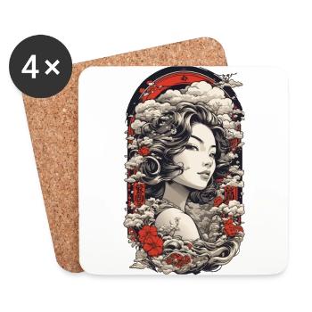 Vintage Ukiyo-e Asiatische Schönheit mit Kanji - Untersetzer (4er-Set) - Weiß - Vorne