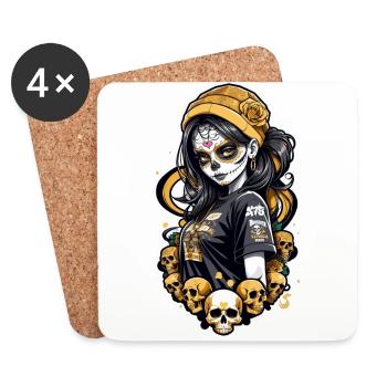 Sugar Skull Girl with Yellow Hat and Skulls - Coasters (set of 4) - white - Front