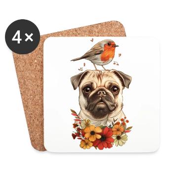 Mops mit Vogel - Untersetzer (4er-Set) - Weiß - Vorne