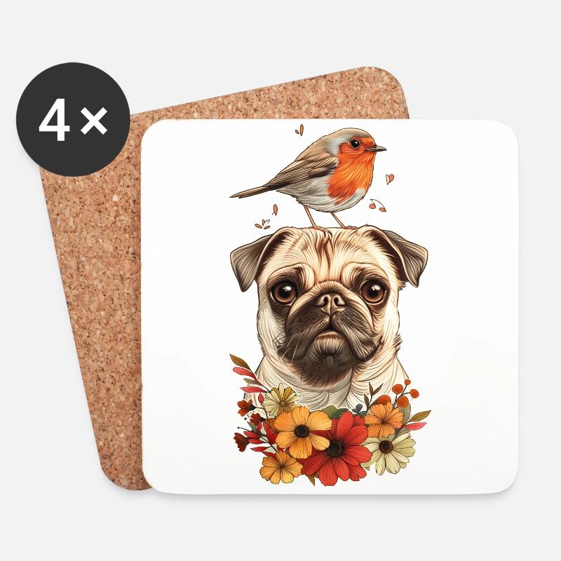 Mops mit Vogel - Untersetzer (4er-Set) - Weiß