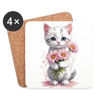 Verspieltes Kätzchen mit Blumen - Aquarell - Untersetzer (4er-Set) - Weiß - Vorne