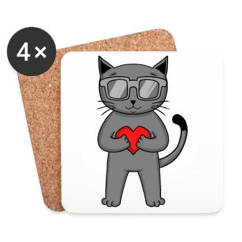 Chat british Shorthair avec lunettes de soleil et cœur - Dessous de verre (lot de 4) - blanc - Devant