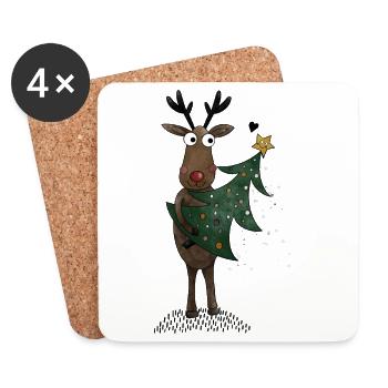 Rentier mit Weihnachtsbaum - Untersetzer (4er-Set) - Weiß - Vorne