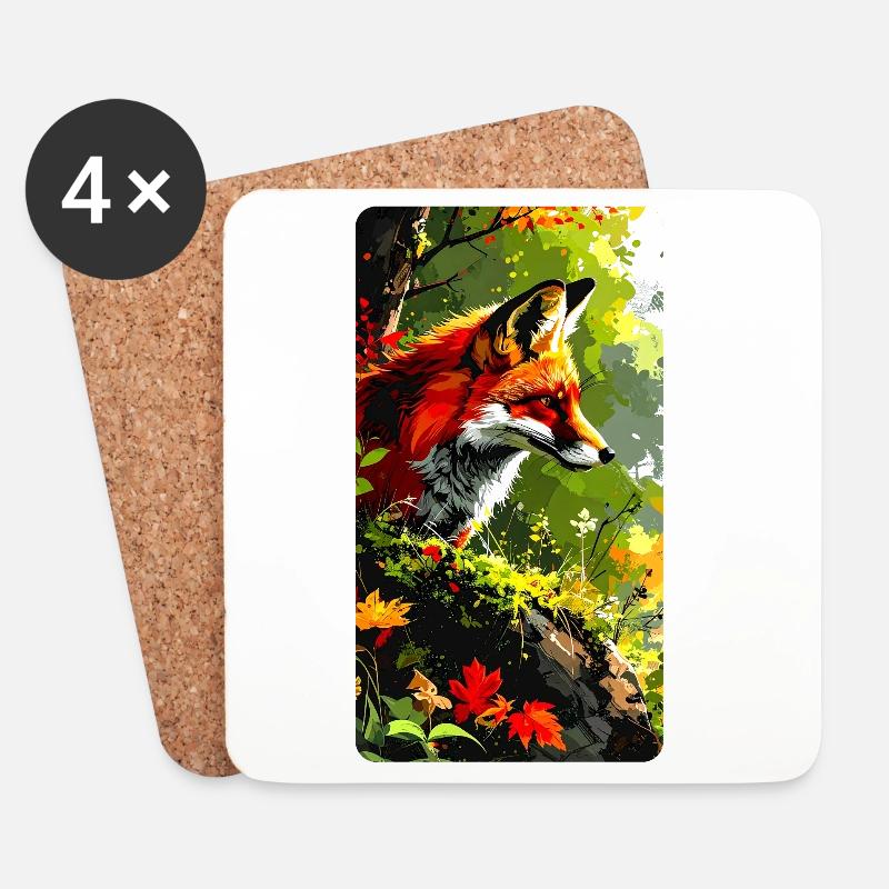 Fuchs mit Herbstlaub im Wald  (Blick nach Rechts) - Untersetzer (4er-Set) - Weiß