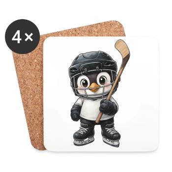 dessin animé aquarelle d'un pingouin cool jouant au hockey sur glace - Dessous de verre (lot de 4) - blanc - Devant