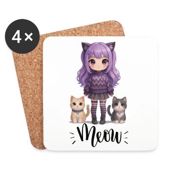 Kawaii Meow Girl avec des chats - Dessous de verre (lot de 4) - blanc - Devant