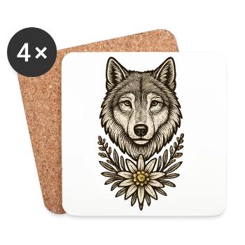 Tête de loup avec edelweiss - Dessous de verre (lot de 4) - blanc - Devant