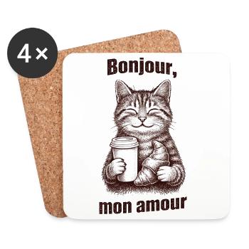 Bonjour mon amour Katze Kaffee Croissant - Untersetzer (4er-Set) - Weiß - Vorne