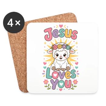 Jesus liebt dich Lamm mit Blumenkranz - Untersetzer (4er-Set) - Weiß - Vorne