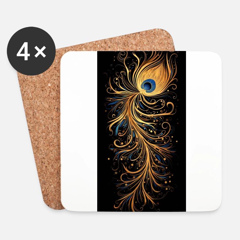 Goldene Feder Pfau - Untersetzer (4er-Set) - Weiß