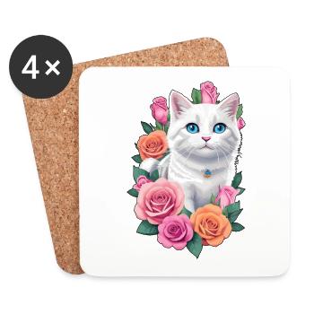Cat with roses - Coasters (set of 4) - white - Front