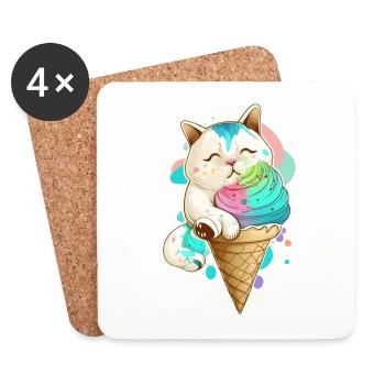 Chat avec de la crème glacée colorée - Dessous de verre (lot de 4) - blanc - Devant