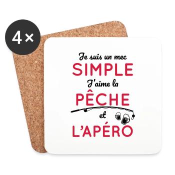 Pêche - Mec simple aime la pêche et l'apéro - Dessous de verre (lot de 4) - blanc - Devant