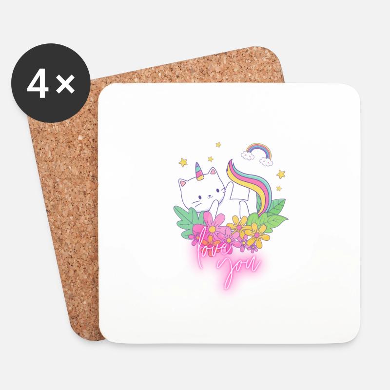 Einhorn-Katze - Untersetzer (4er-Set) - Weiß