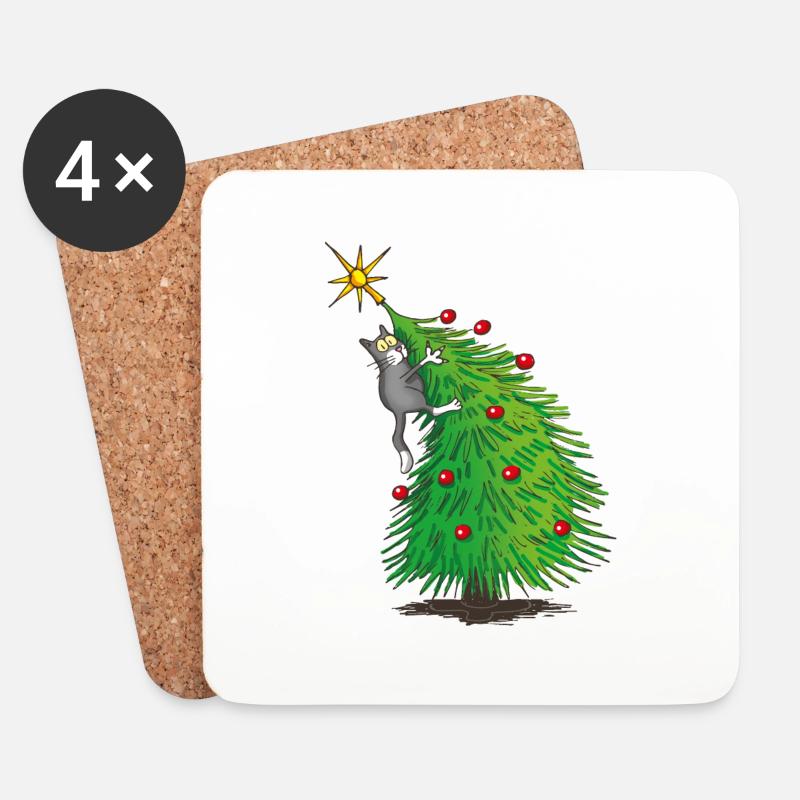 Katzenweihnachtsbaum - Untersetzer (4er-Set) - Weiß