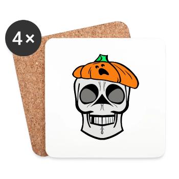 Crâne squelette avec béret citrouille, dessin animé, automne - Dessous de verre (lot de 4) - blanc - Devant